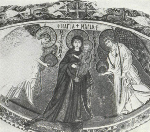 Богоматерь с архангелами. Мозаика из церкви Панагии Ангелоктистос в Кити. VII в.