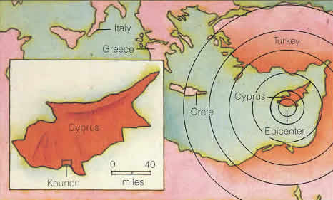 Карта, показывающая эпицентр землетрясения в Средиземном море вблизи берегов Кипра