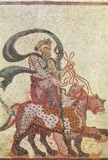 Силен с пантерами. Деталь мозаики «Триумф Диониса» из «Дома Диониса» в Новом Пафосе. III в н. э. 