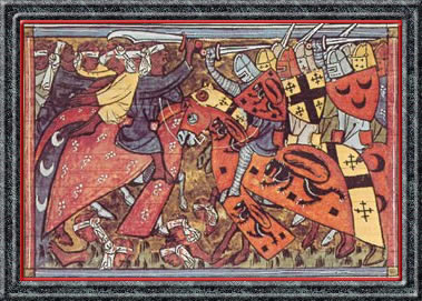 Сражение крестоносцев с мусульманами в Святой Земле. Миниатюра 14 века.