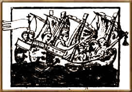 Крестоносцы в море. На одном из кораблей - флаг с навершием а форме креста. Миниатюра из рукописи конца XIII или начала XIV в. «De Passagiis in Terram Sanctam». Венеция