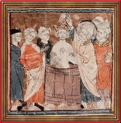 Baptism of Clovis. From the  15-th century "Great Chronicle of France"