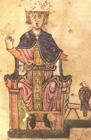 Изображение Фридриха II в книге «De arte venandi cum avibus» («Об искусстве охоты с птицами»), кон. XIII в., Ватиканская апостольская библиотека