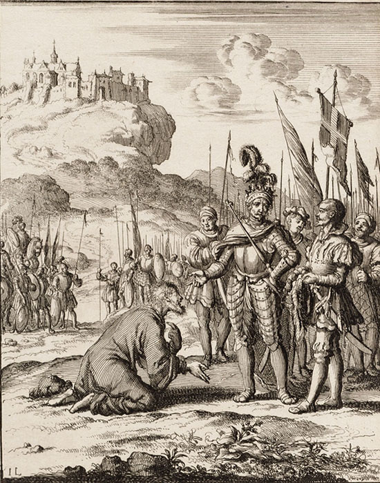 Исаак Дука Комнин сдается в плен Ричарду I. Гравюра Яна Луйкена (Luyken, Jan) 1683