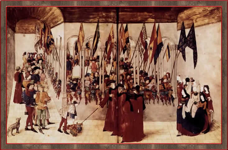 Бартоломью д'Эйк. Презентация знамен и шлемов. ок. 1460