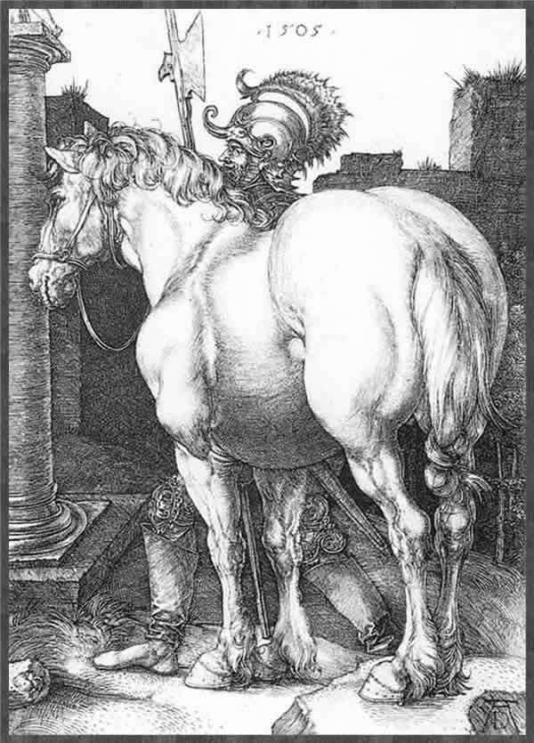 Альбрехт Дюрер. Большая лошадь. 1505, гравюра. Staatliche Kunsthalle, Karlsruhe