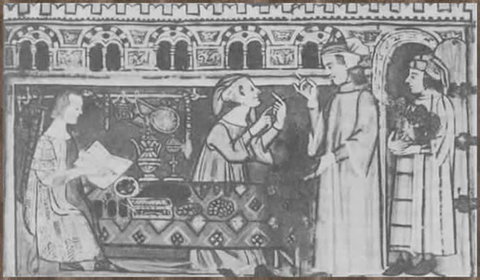 Генуэзские банкиры. Миниатюра рукописи конца XIV в. Лондон, Британский музей.