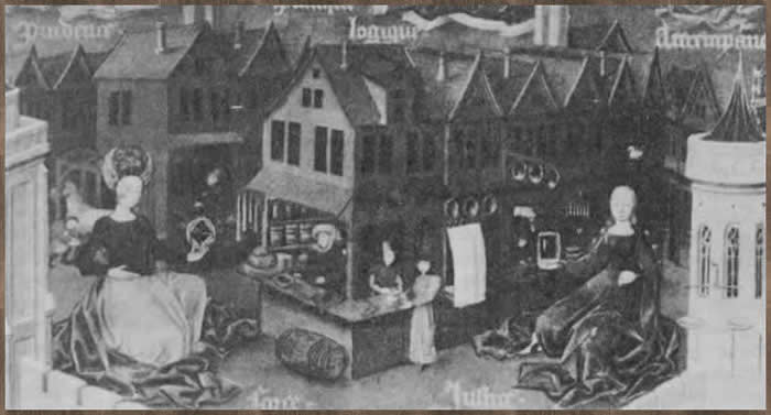 Лавки купцов на улице средневекового города. Миниатюра французской рукописи второй половины XV в. Женева, Университетская библиотека