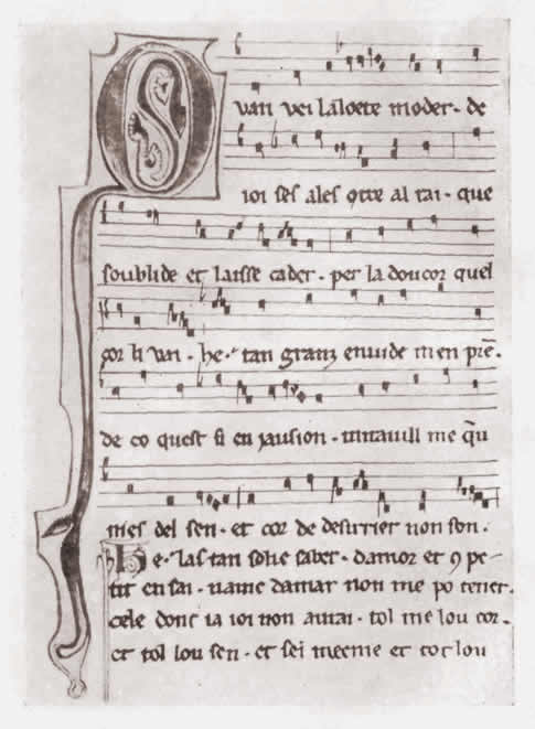 Страница нотированной рукописи стихотворений Бернарта де Вентадорна. Хранится в Парижской Национальной Библиотеке