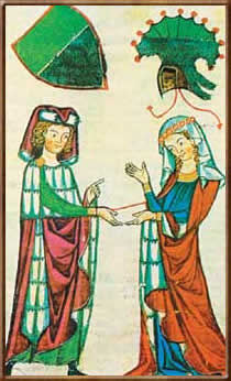 Трубадур вручает даме сердца свою кансону.  Миниатюра в рукописи начала XVI века.