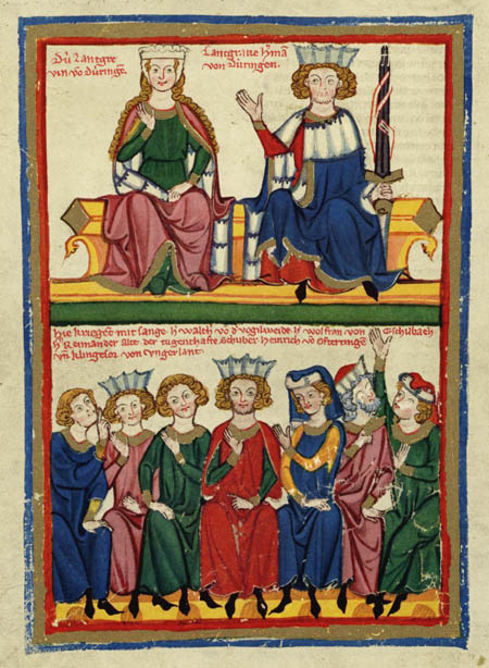 Состязание в Вартбурге («Кодекс Манессе» или «Большая Гейдельбергская рукопись», или «Гербовник миннезингеров», ок.1300 г.)