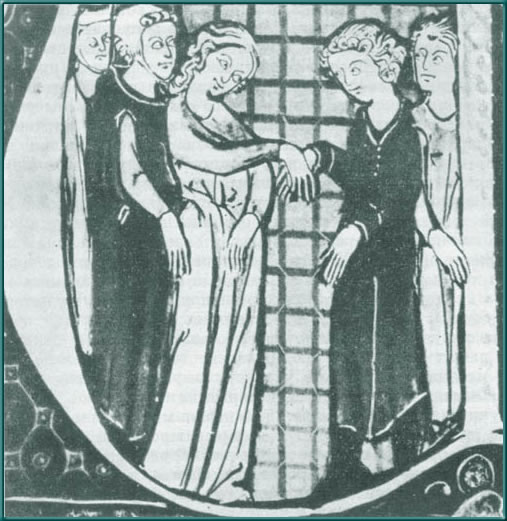 Процедура бракосочетания в отсутствие священника. Миниатюра из рукописи XIVв. Библиотека Дижона